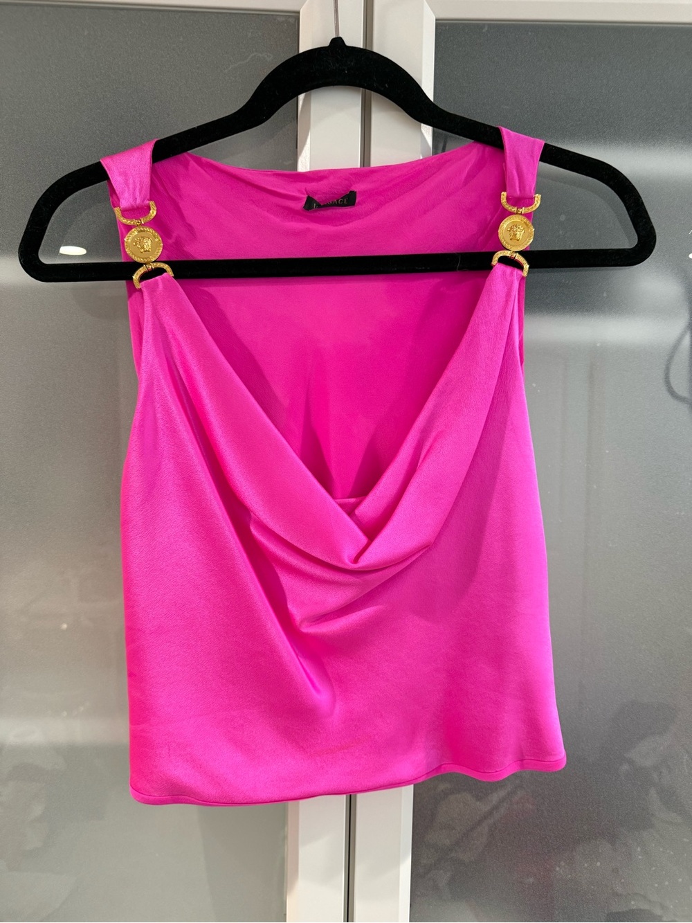 VERSACE Bright Pink Drape Cowl Neck Tank with Gold Accent